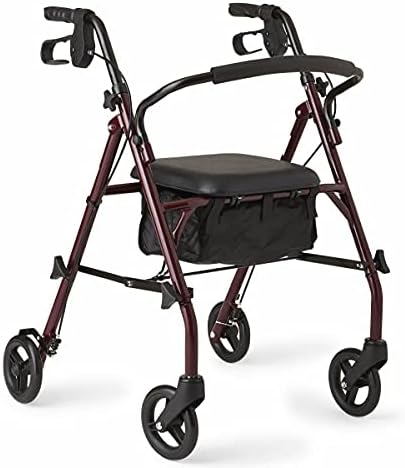 Medline Rollator Walker with Seat, Steel Rolling Walker with 6-inch Wheels Supports up to 350 lbs, Medical Walker, Burgundy