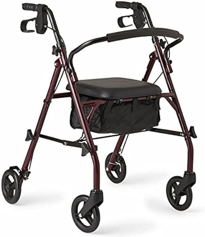 Medline Rollator Walker with Seat, Steel Rolling Walker with 6-inch Wheels Supports up to 350 lbs, Medical Walker, Burgundy