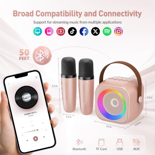 Image of Mini Karaoke Machine, Portable Bluetooth Karaoke Speaker with 2 Wireless Microphones and Party Lights for Kids and Adults, Birthday Gifts for Girls Boys Family Home Party (Rose Gold)