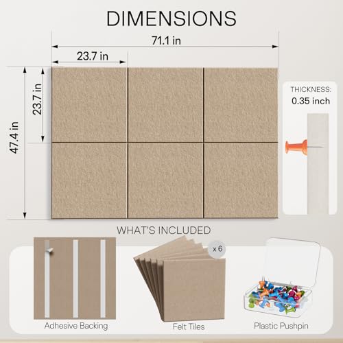 Image of MaxGear Extra Large Bulletin Board 72 inch x 48 inch, Tan Felt Wall Tiles Pushpins