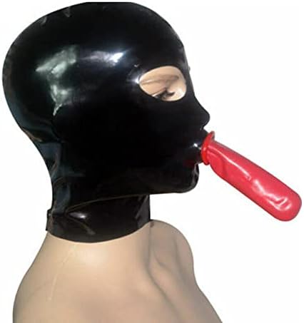 Latex Hood Mask Full Cover Catsuits Mouth with Red Condom Sheath Zipped Latex Mask, Large
