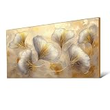 Ginkgo Leaves Gold Pictures Wall Decor,White and Gold Wall Decor,Abstract Wall Art for Bedroom,Cuadros Abstractos Para Sala Modernos,Leaf Wall Art,Picture Grey Ready to Hang (Gold Frame, 71' L x 35' W - 180x90cm, Framed)
