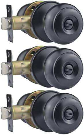 Comfhouse Flat Ball Matte Black Privacy Door Knob for Bedroom and Bathroom, Keyless Interior Door Knob, Black Interior Door Knob with Lock, Stainless Steel Indoor Door Knob,3 Pack