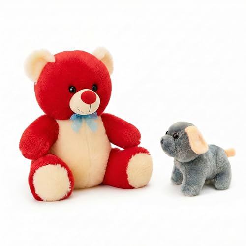 Image of Tabitha Stuffed Toys - Ultra Soft Plush Toy for Kids | Birthday Gifts for Kids and Girls | (Combo of 2 Toys 30 Cm Red Teddy & 25 Cm Grey Dog)