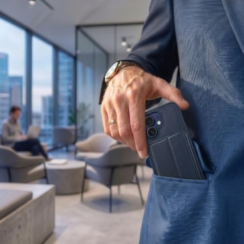 Image of amazon basics Luxury Vegan Leather Back Cover for iPhone 16 | Built-in Card Holder Slot | Integrated Mobile Stand | Slim Shockproof Protective Case with Stitched Finish - Blue