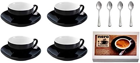 Nero - Set of 4 Modern Porcelain Black and White Espresso/Demitasse 3.2 Ounce Cups, Saucers, Stainless Steel Spoons, Tableware for Brunch, Dinner, Coffee and Dessert.