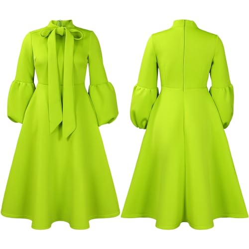 Womens Bowtie Neck Lantern Sleeve Plus Size Dress Elegant Long Sleeves High Waist A-Line Big Swing Cocktail Maxi Dress (Color : Fruit Green, Size : Large)2