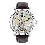 Stauer Copernicus Open Heart Automatic Watch for Men – 42mm Case, Guilloché Face and Blue Roman Numeral Hands, Sun-Moon Dial and Brown Leather Strap