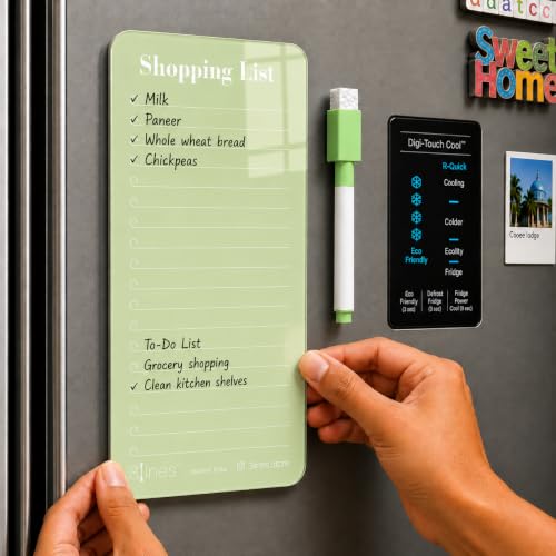 Image of 3 Lines Acrylic Magnetic Shopping List Notepad for Fridge │ To-Do List & Meal Planner │ Dry Erase Marker Included │ Kitchen Organisation │ 9 x 24 cm | Kiwi color | Regular