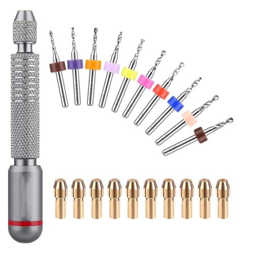 GABEALF Juego de brocas de mano, 10 brocas de metal mini tornillo de banco y 10 pinzas de portabrocas micro tipo para hacer joyas y tallar