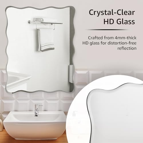 Image of Amazon Basics Frameless Rectangular Glass Wave Wall Mount Mirror with Beveled Edges - Decorative Bathroom, Bedroom, Living Room, Dressing Room & Entryway Mirror - 45 x 0.4 x 60 cm