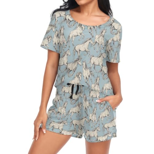 Image of Laprad Womens Pajama Set Soft Short Sleeve 2 Piece Lounge Sets with Pockets, Beige Horses, S