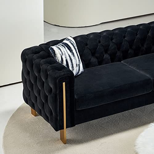 Image of Dolonm Velvet Tufted Sofa for Living Room, 84 inch Mid-Century Modern Couch with 2 Throw Pillows, High Arms & Gold Metal Legs, Luxury Chesterfield Furniture (Black)