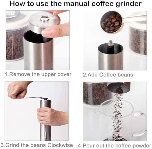 Image of Even Manual Coffee Grinder, Stainless Steel, Adjustable Ceramic Burr Mill with 4 Grind Settings, Portable Hand Crank Coffee Bean Grinder for Home, Travel, Camping