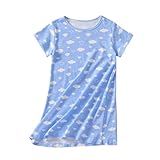 Uobzyaq Girls Night Dress Toddler Cotton Princess Nightgowns Cotton Cool Short Sleeve Sleep Shirts Daytime Playwear Cloudy Blue Size 13-14Years/170