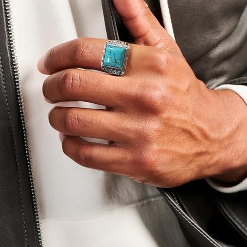 Genuine Square Turquoise Rings for Men 925 Sterling Silver 11MM Natural Real Gemstone Ring Vintage Western Jewelry for Him Husband3