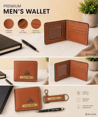 Image of B'Code Personalized Name & Charm Leather Wallet Mens Combo Giftset | Customized Birthday Anniversary Wedding Engagement Office Gifts for Man| Gift for Men| Brothers Raksha Bandhan Present (Tan)