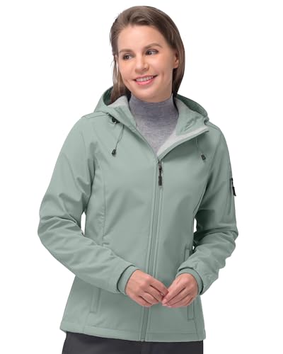 33,000ft Women's Waterproof Jacket, Ladies Lightweight Hooded Softshell Jacket Windproof Fleece Rain Jacket for Outdoor Hiking Light Green XS