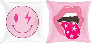PANTIDE 2Pcs Preppy Velvet Pillow Covers Soft Hot Pink and White Square Cushion Case Covers Printed with Smile Lip Pattern Room Aesthetic Decor Pillow Cases for Dormitory Sofa Home Car (45 x 45cm)