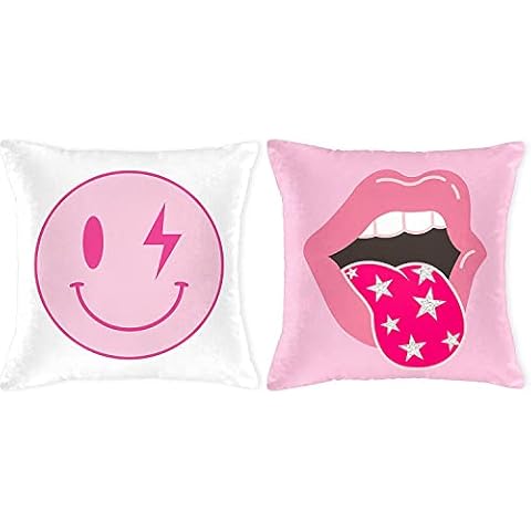 PANTIDE 2Pcs Preppy Velvet Pillow Covers Soft Hot Pink and White Square Cushion Case Covers Printed with Smile Lip Pattern Room Aesthetic Decor Pillow Cases for Dormitory Sofa Home Car (45 x 45cm) Cover