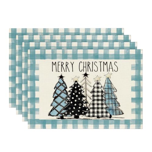 Artoid Mode Xmas Trees Light Blue Buffalo Plaid Christmas Placemats Set of 4,12x18 Inch Winter Holiday Table Mats for Party Kitchen Dining Decoration