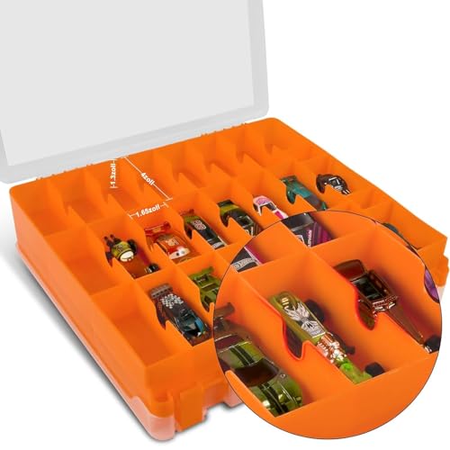Xuerdon Spielzeugauto Aufbewahrungskoffer für Hot Wheels/für Matchbox Cars. Holder Behälter Tasche für LOL Überraschungspuppen/für Shopkins mit 48 Fächern Doppelseitig-Orange (nur Box)