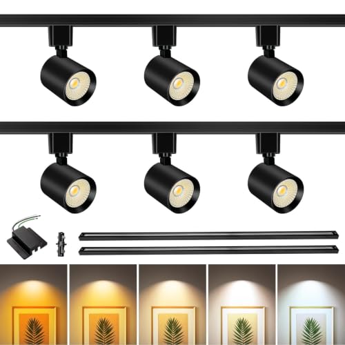 5-Color 6-Light LED Track Lighting Kit with 6.6FT H Type Track Lighting Rail, Dimmable Track Lights with Floating Canopy, Ceiling Spot Light Flicker Free, CRI90+, 36° Beam 10W 800lm, Black