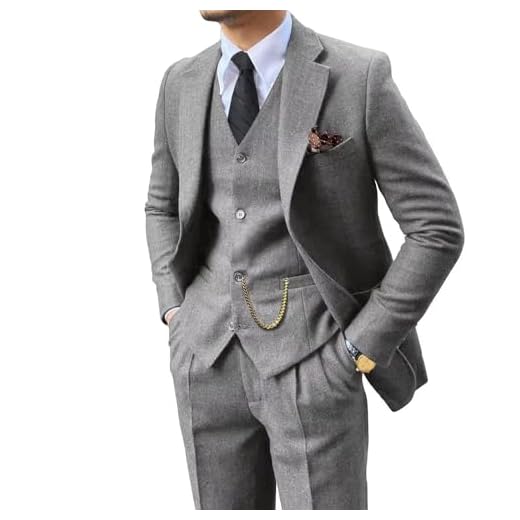 Retro 3 Piece Suit Tweed Herringbone Men's Suits Slim Fit Groom Tuxedos Set Prom Brown Grey Jacket Blazer Vest Pants Light Grey M