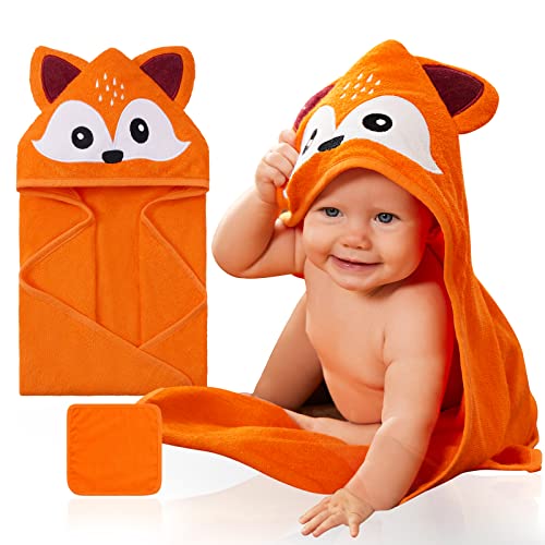 Image of SYNPOS Organic Bamboo Hooded Baby Towel - Soft Large Bath Towel with Animal Ears for Babie, Toddler, Infant - Ultra Absorbent, Natural Baby Stuff Baby Bath Shower Gifts for Boy Girl - (30 x 30 Inch)