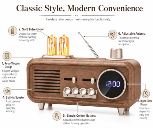 Image of Cason SC11 Digital Fm Radio for Home with Bluetooth Speaker, Real Wood Vintage Radio with Aux, Sd Card & USB Slot,Portable Retro Music Player with Type C Charging (Brown)