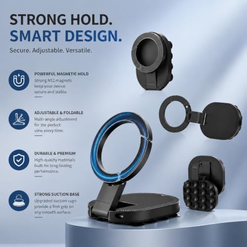 Image of GK ELITE 3-in-1 Magnetic Suction Cup Phone Mount with 18 Suction Cups, 360 Degree Rotatable Foldable Mobile Holder and Adjustable Stand for Car, Gym Equipment, Kitchen, Office and Home