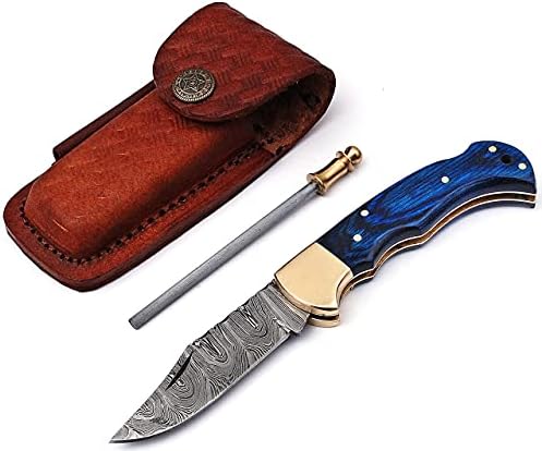 TMBrands Handmade Damascus Steel Pocket Knife & Knife Sharpener - Damascus Folding Knife - Pocket Knife for Men, EDC Knife & Hunting Knife with Back Lock & Pakka Wood Handle with Leather Knife Sheath