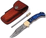 Handmade Damascus Steel Pocket Knife & Knife Sharpener - Damascus Folding Knife - Pocket Knife for...