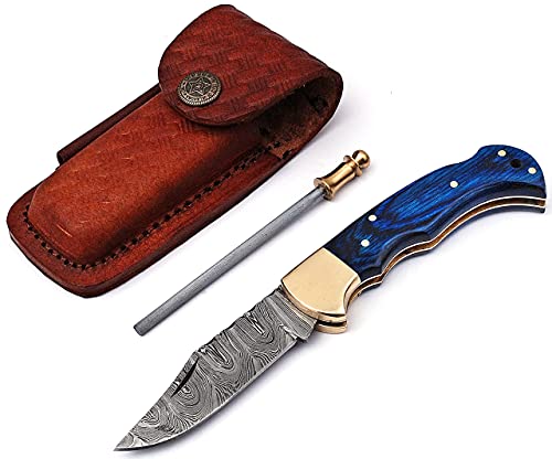 Tmbrands Handmade Damascus Steel Pocket Knife & Knife Sharpener - Damascus Folding Knife - Pocket Knife For Men, Edc Knife & Hunting Knife With Back Lock & Pakka Wood Handle With Leather Knife Sheath #TOP29