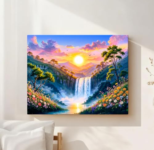 Image of ArtX Canvas Rising Sun Painting For Vastu, Big Size Wall Art Scenery, Water Stream, Waterfall Painting Vastu, Multicolor, Nature, 58.0 X 45.0 cm, Set of 1