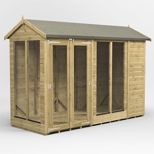 Powersheds High Grade Pressure Treated Apex Wooden Summerhouse with Fully Glazed Double Doors and Windows, Security Features, Heavy Duty Frame, Galvanised Ironmongery, Extra Thick Timber (10x4)