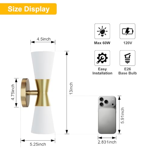 Image of Bathroom Wall Sconce, Modern Indoor Vanity Light Fixtures, Up Down Lighting, Wall Mount Lamp for Living Room Bedroom Hallway Stairway Fireplace Mirror E26 Base (White & Gold - 1pack, 13inch)