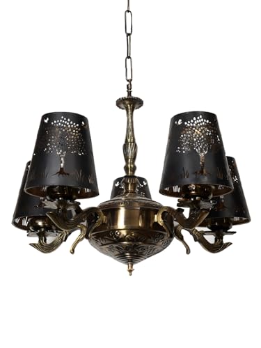 Image of Devansh 05 Lights Tree Metal Etched Shade with Antique Golden Chandelier -ZC