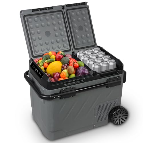 YELLOW JACKET Car Refrigerator 52 Quart Portable Freezer Electric Cooler with Wheels Dual Zone 12V Car Fridge for Outdoor Camping Travel,12/24V DC 110~240 Volt AC Refrigerator for Home,RV, Offic
