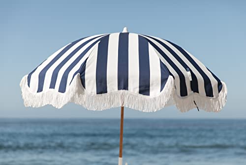 Business & Pleasure Co. Holiday Umbrella | 5’W X 6.5’H White Boho Fringe Beach Umbrella | Upf 50+ | 1” Wood Pole & Tilting Hinge, Navy Crew Stripe #TOP2