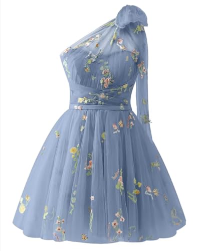 One Shoulder Tulle Homecoming Dresses for Teens Flowy Short Flower Embroidery A-line Evening Party Dresses for Women