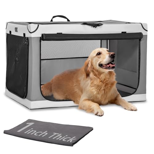 PETSFIT Portable Dog Crate, Soft Dog Crate - 36 Inch Easy Set-up, Light, Sturdy, Comfy Inside with Thicken Mat, Collapsible Crate for Home and Travel Light Grey