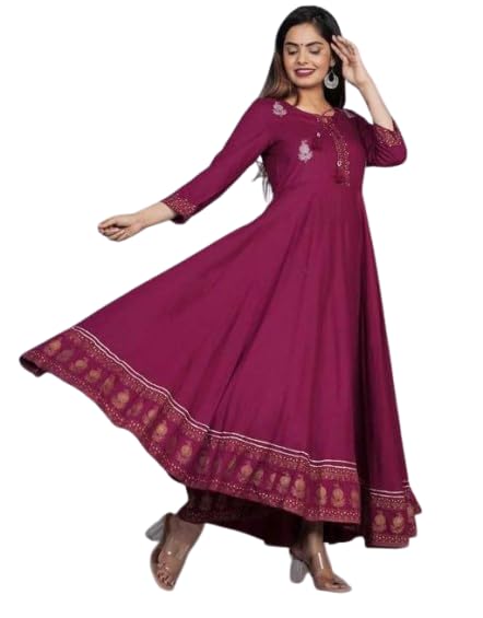 Image of Women's Printed Rayon Anarkali Kurti with 3 /4 Sleeves - Perfect for Festive, Party