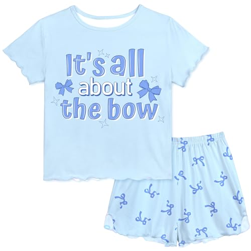 Play Tailor Girls Pajamas for Toddler Ruffled Kids Pajamas Set Short Sleeves Summer Pjs Sleepwear for Girl, Blue Bow(Shirt & Short Set), 7-8Y