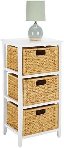 mDesign Side End Table Storage Nightstand - Sturdy Wood Frame, Water Hyacinth Woven Pull Out Basket Bins - Furniture Unit for Living Room, Bedroom, Hallway, Entryway, 3 Drawer - White/Bamboo