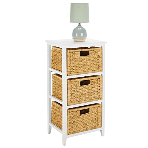 Mdesign Side End Table Storage Nightstand - Sturdy Wood Frame, Water Hyacinth Woven Pull Out Basket Bins - Furniture Unit For Living Room, Bedroom, Hallway, Entryway, 3 Drawer - White/Bamboo #TOP14