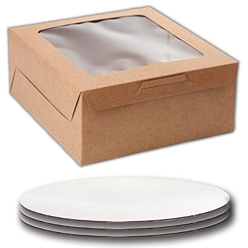 Cake Carrier - Cake Boxes 10 x 10 x 5 And Cake Boards Brown Box 10 Inch Set , Cake Box with Window, Color Brown, Cake Board is round, Cake Supplies, 10 Pack of Each.