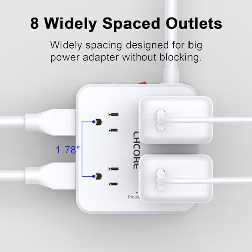 Image of 10Ft Surge Protector Power Strip - CHCORE Flat Plug Extension Cord with 8 Outlets and 4 USB Ports(2 USB C), 3 Side Wall Mount Outlet Extender for Home Dorm Room Essentials, ETL Listed, White