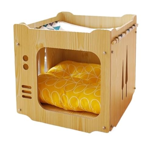猫ハウス 木製 猫ベッド キャットハウス 猫ハンモックと厚手のクッション付き 冬用 夏用 猫小屋 ペットハウス 猫用 可愛い Tufduzo 組立簡単 安心安全 木目調 (B)