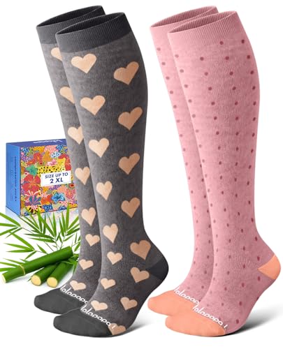 Lalapapa Bamboo Viscose Compression Socks for Women Men - 2 Pairs 15-20mmHg Knee High Graduated Compression Socks for Women Men Cute Breathable for Nurse Pregnancy Travel Sweet Themed S / M